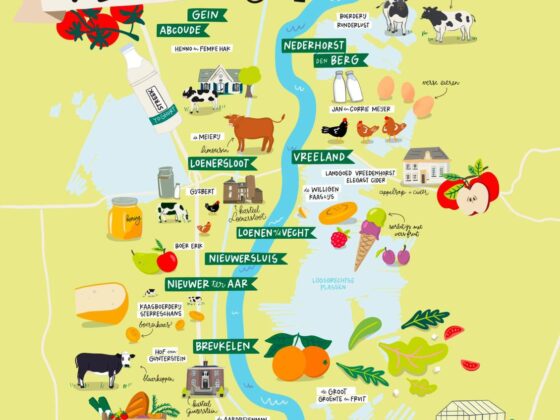 Getekende kaart met locaties van boeren langs de vecht